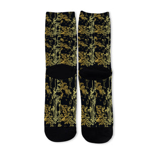 Gold And Black Japanese Bamboo Print Long Socks