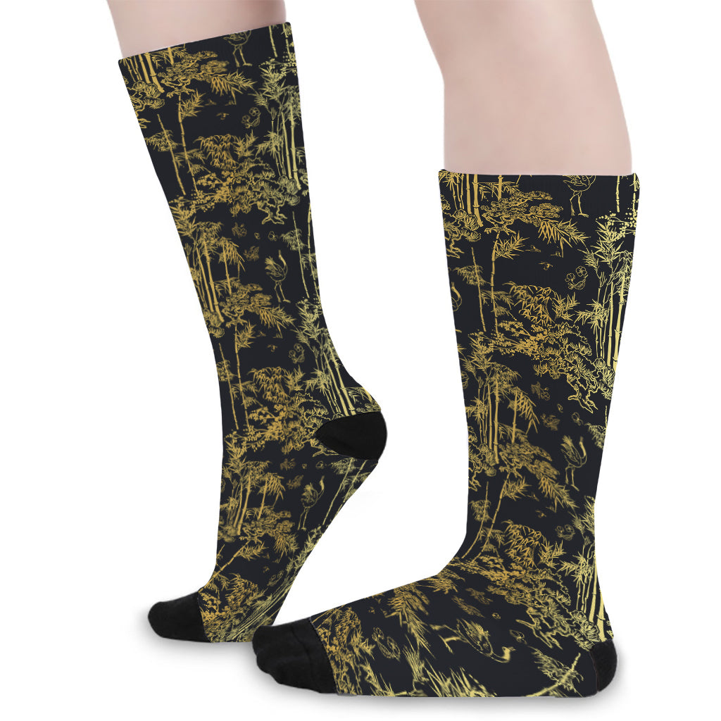 Gold And Black Japanese Bamboo Print Long Socks