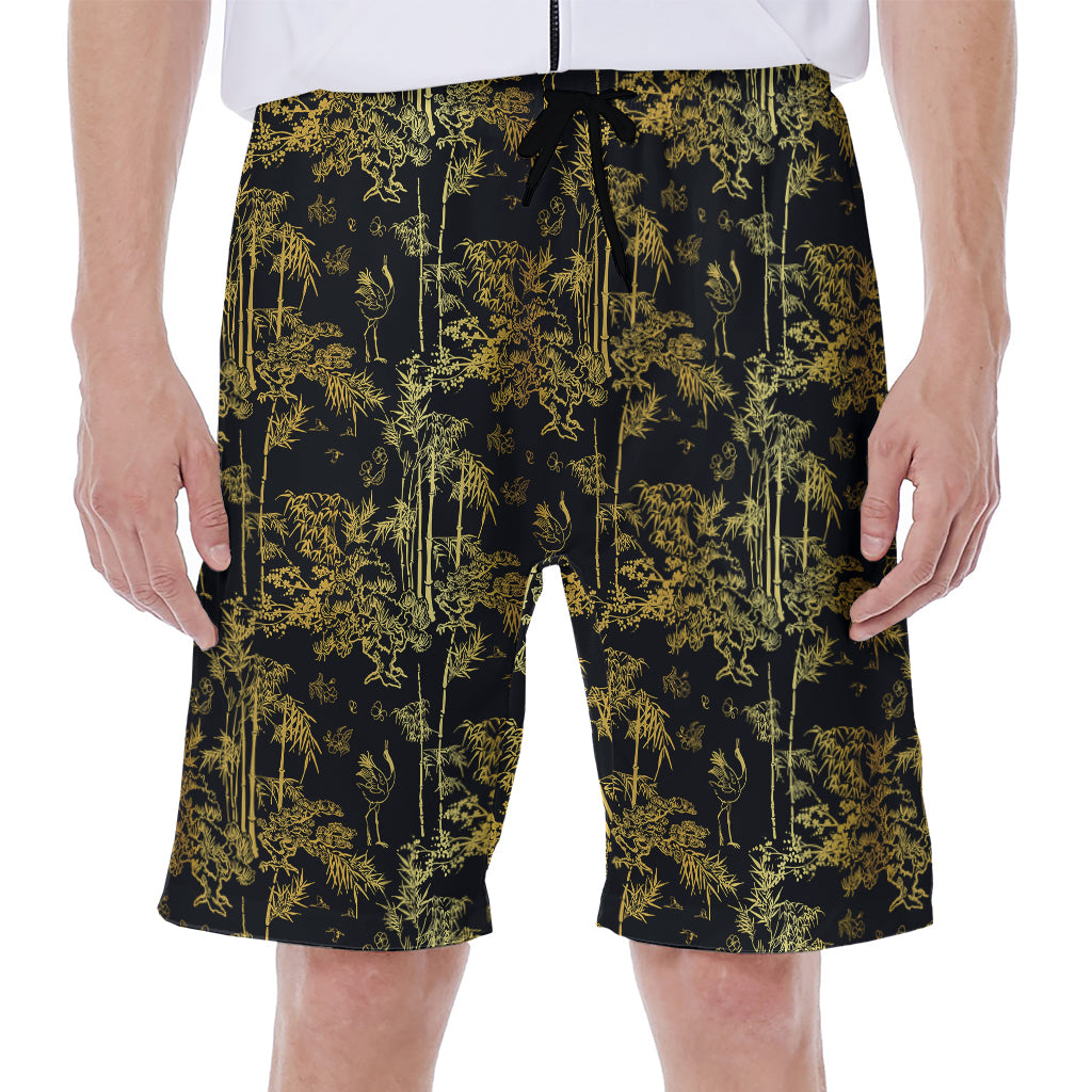 Gold And Black Japanese Bamboo Print Men's Beach Shorts