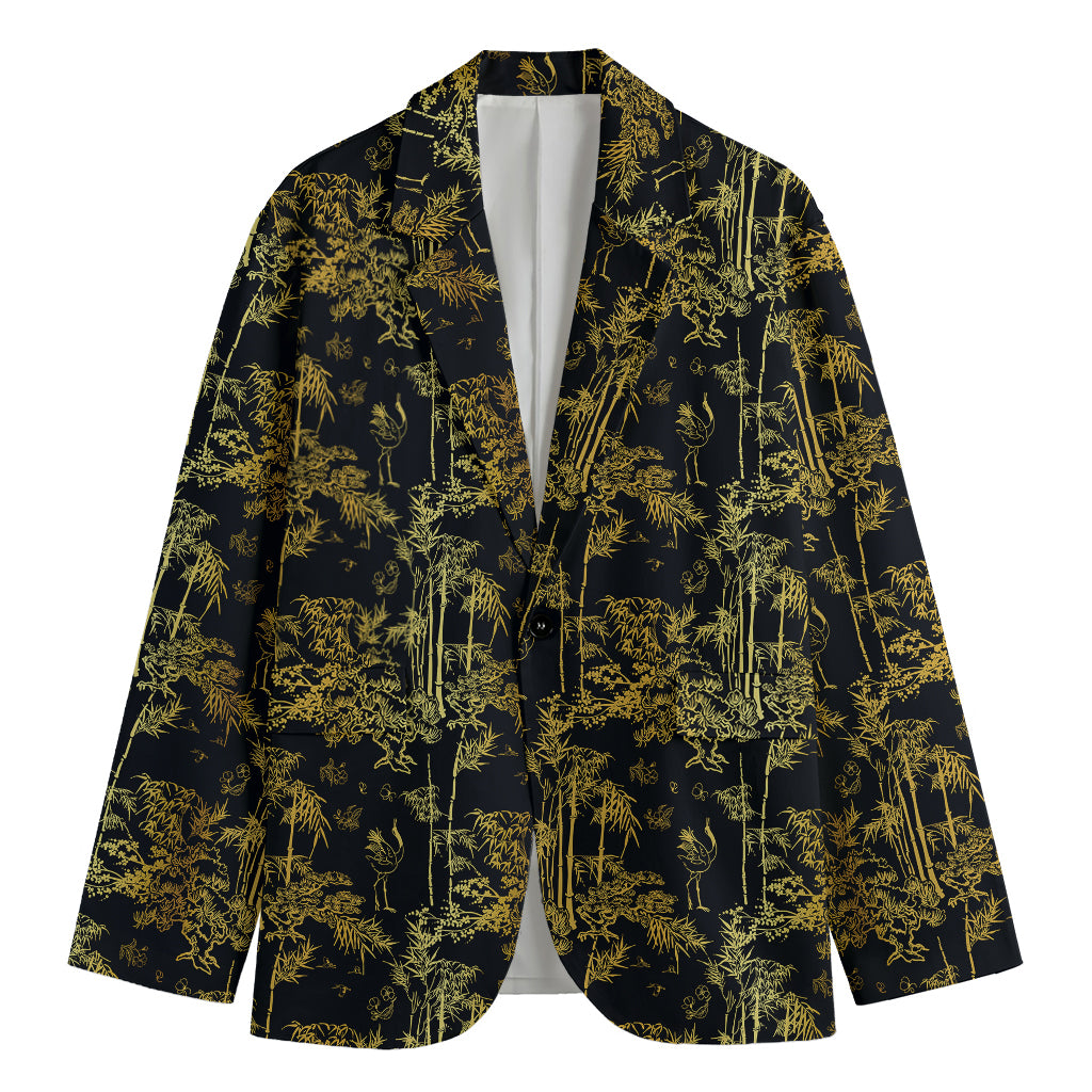 Gold And Black Japanese Bamboo Print Men's Cotton Blazer