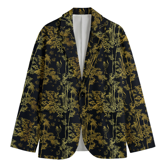 Gold And Black Japanese Bamboo Print Men's Cotton Blazer