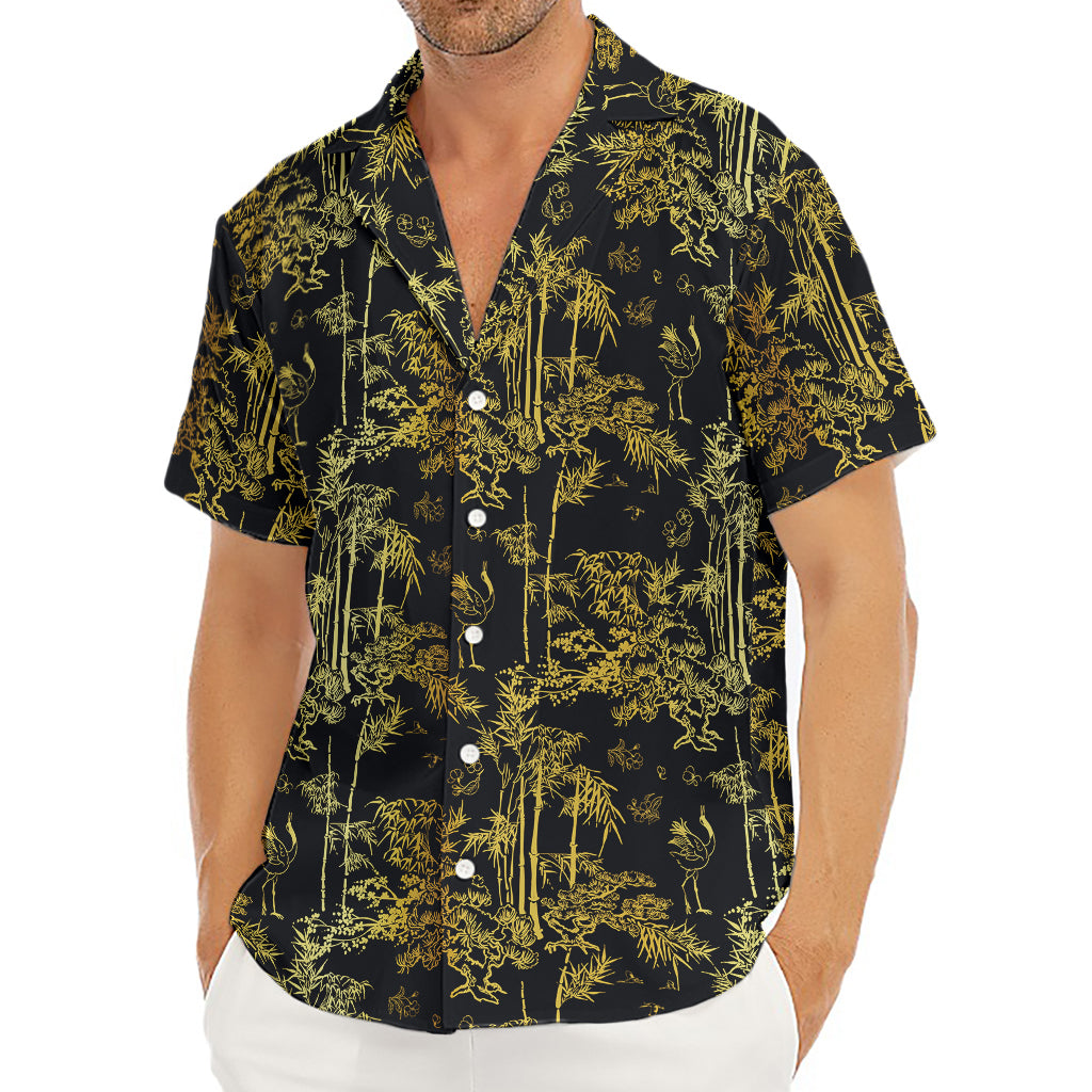 Gold And Black Japanese Bamboo Print Men's Deep V-Neck Shirt