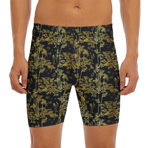 Gold And Black Japanese Bamboo Print Men's Long Boxer Briefs