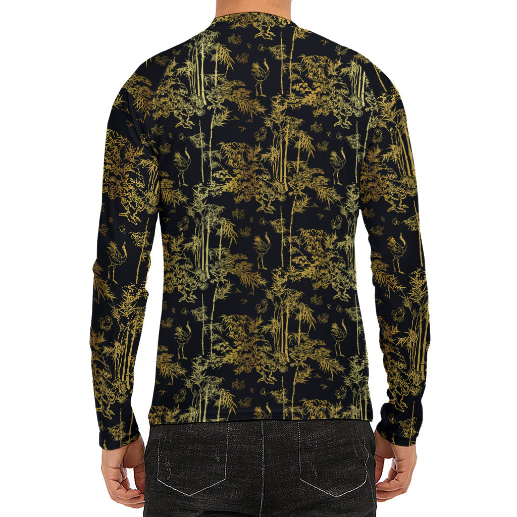 Gold And Black Japanese Bamboo Print Men's Long Sleeve Rash Guard