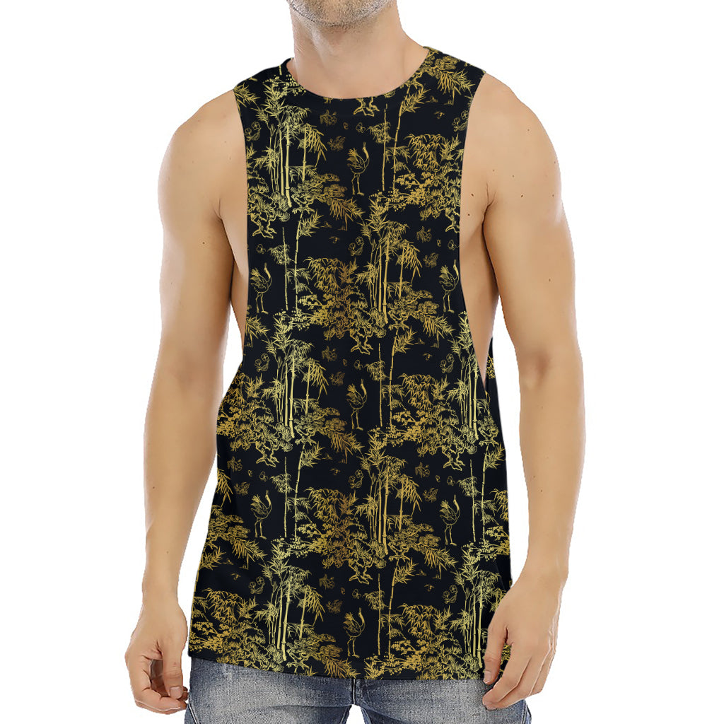 Gold And Black Japanese Bamboo Print Men's Muscle Tank Top