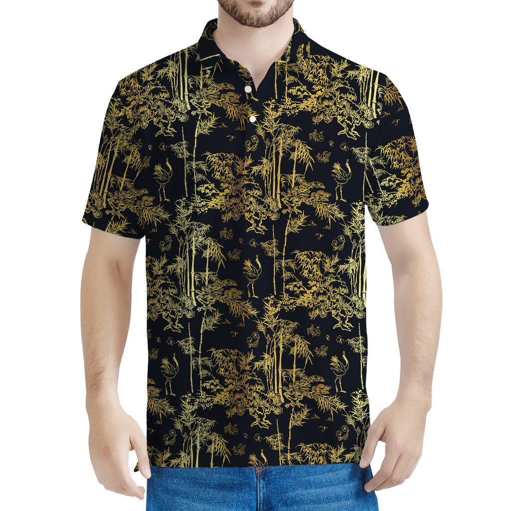 Gold And Black Japanese Bamboo Print Men's Polo Shirt