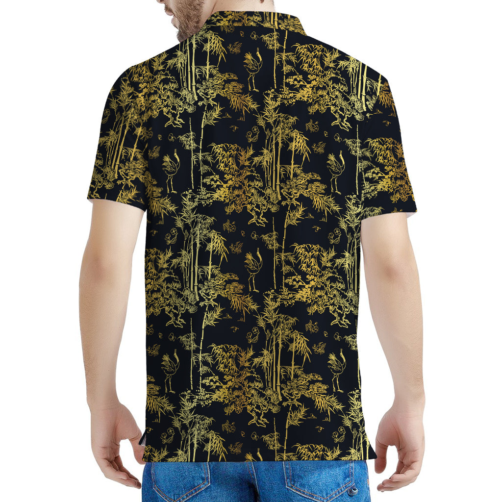 Gold And Black Japanese Bamboo Print Men's Polo Shirt