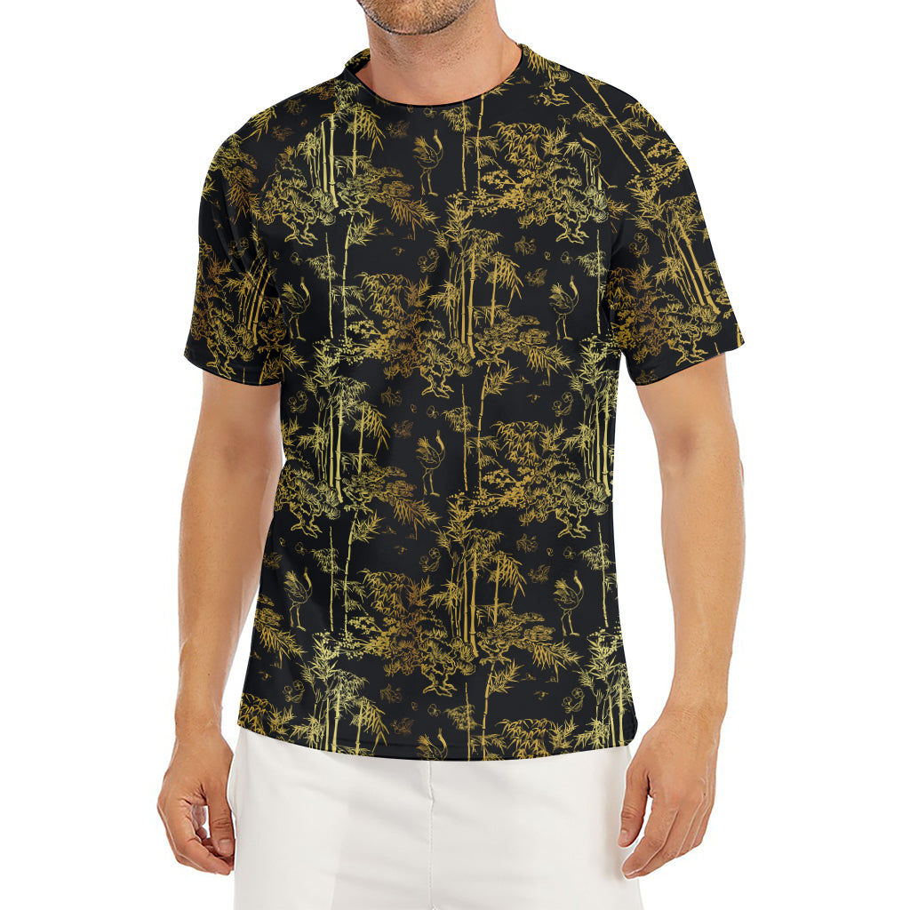 Gold And Black Japanese Bamboo Print Men's Short Sleeve Rash Guard