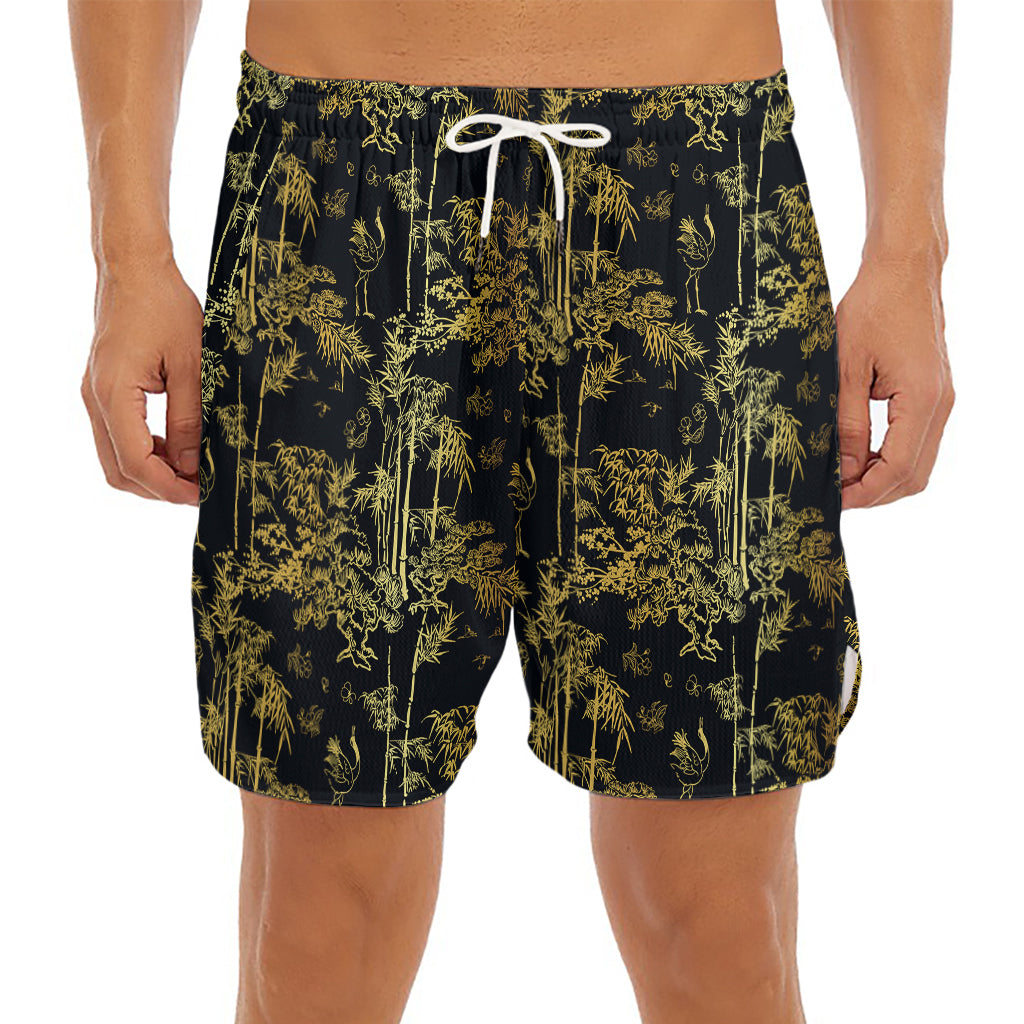 Gold And Black Japanese Bamboo Print Men's Split Running Shorts