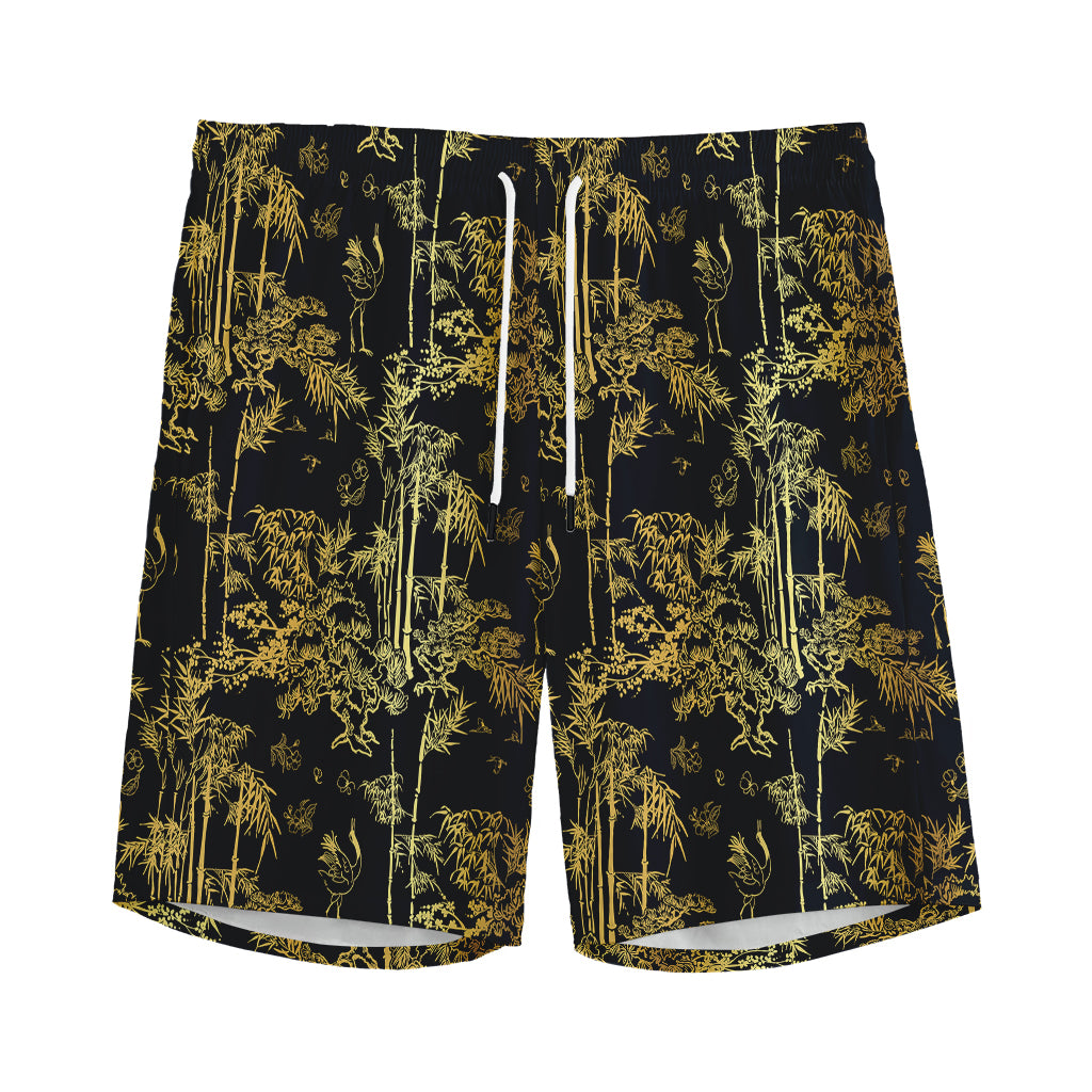 Gold And Black Japanese Bamboo Print Men's Sports Shorts