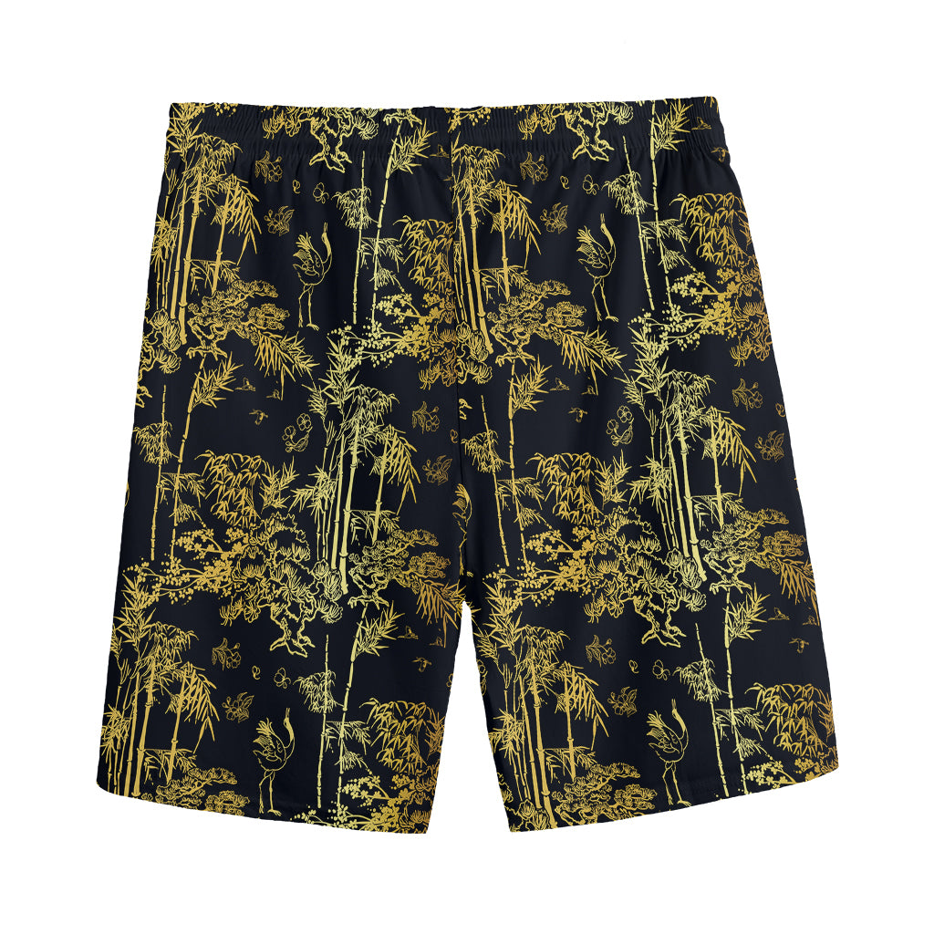 Gold And Black Japanese Bamboo Print Men's Sports Shorts