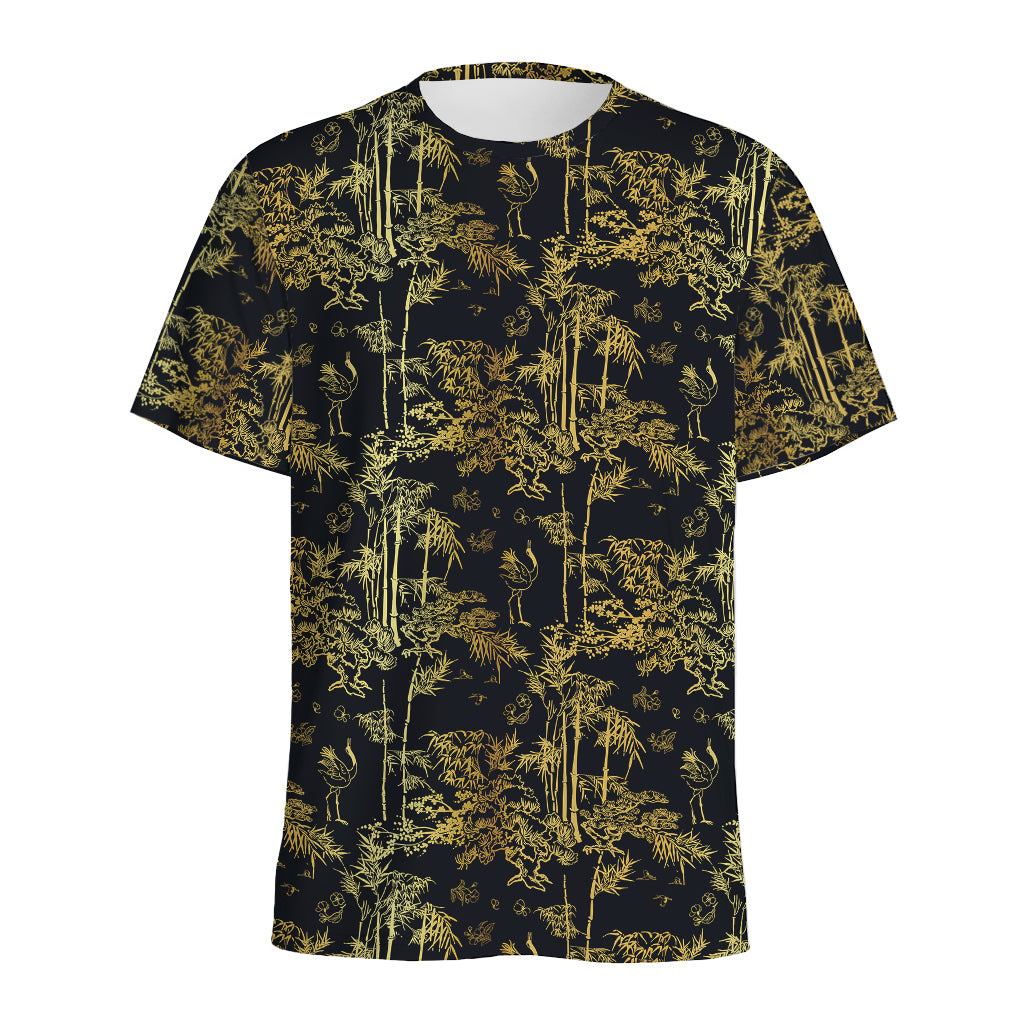 Gold And Black Japanese Bamboo Print Men's Sports T-Shirt