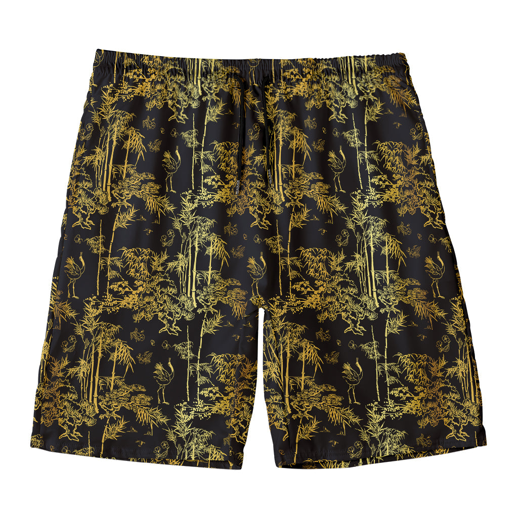 Gold And Black Japanese Bamboo Print Men's Swim Trunks