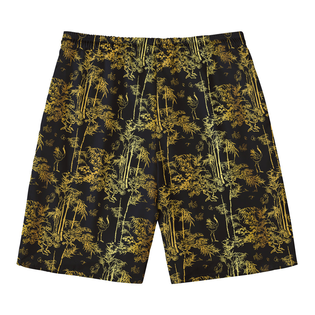 Gold And Black Japanese Bamboo Print Men's Swim Trunks