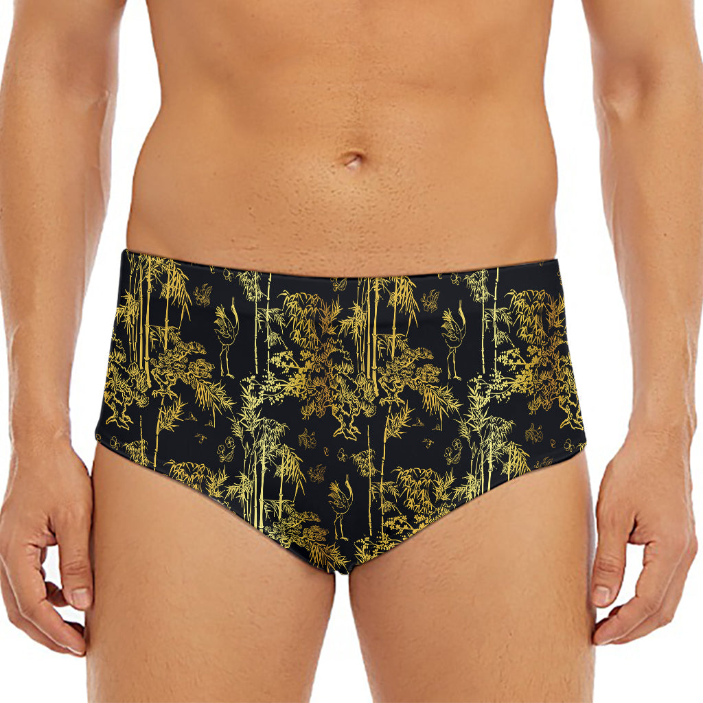 Gold And Black Japanese Bamboo Print Men's Triangle Swim Briefs