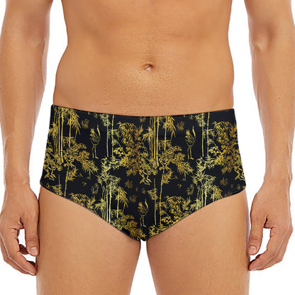Gold And Black Japanese Bamboo Print Men's Triangle Swim Briefs