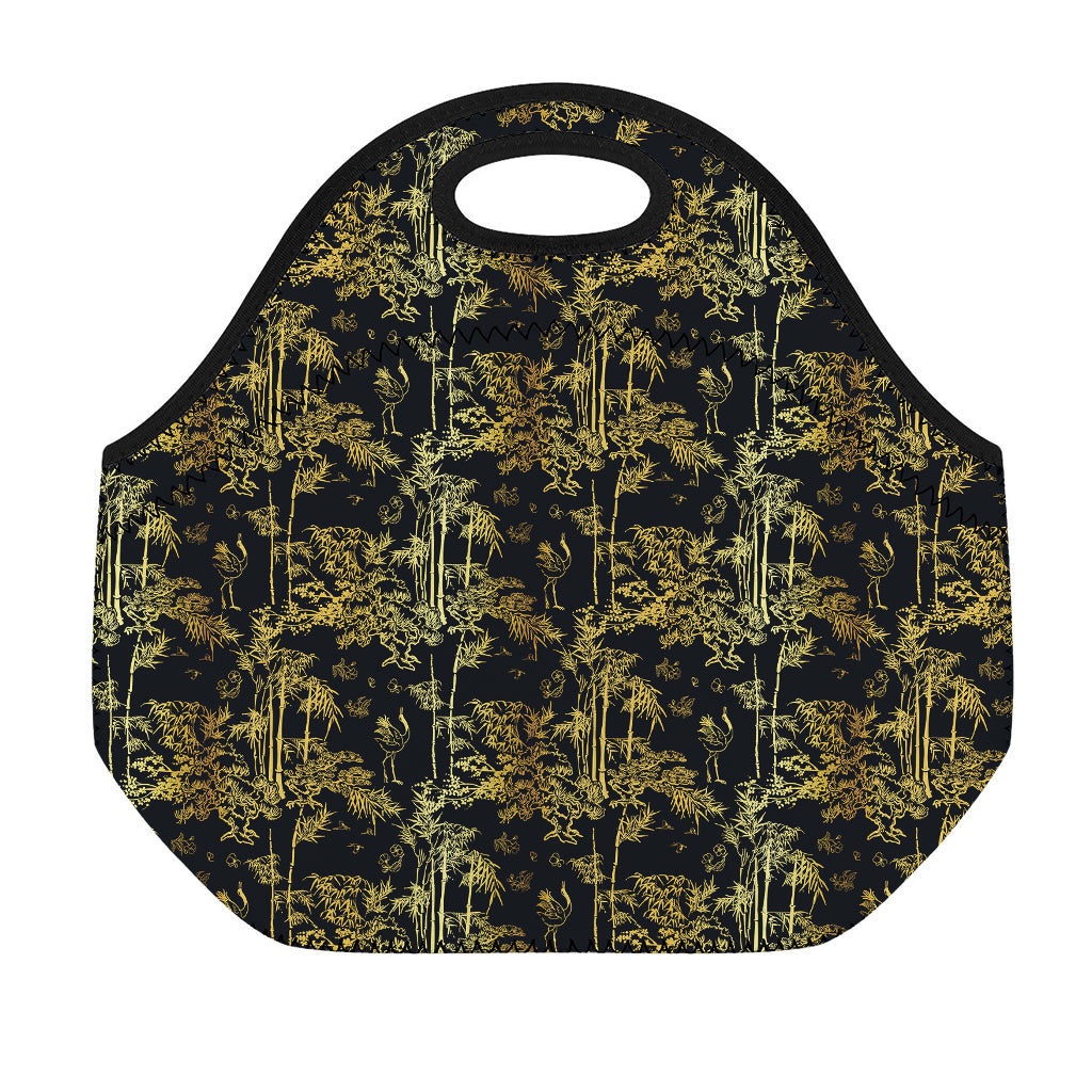 Gold And Black Japanese Bamboo Print Neoprene Lunch Bag
