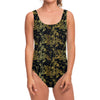 Gold And Black Japanese Bamboo Print One Piece Swimsuit