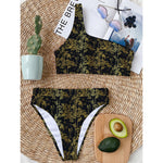 Gold And Black Japanese Bamboo Print One Shoulder Bikini Top