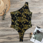 Gold And Black Japanese Bamboo Print One Shoulder Bodysuit