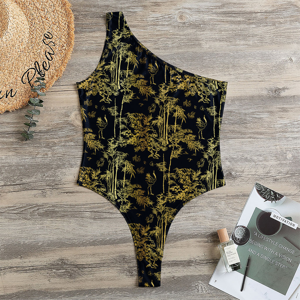 Gold And Black Japanese Bamboo Print One Shoulder Bodysuit