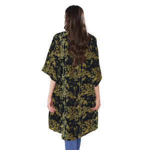 Gold And Black Japanese Bamboo Print Open Front Beach Cover Up