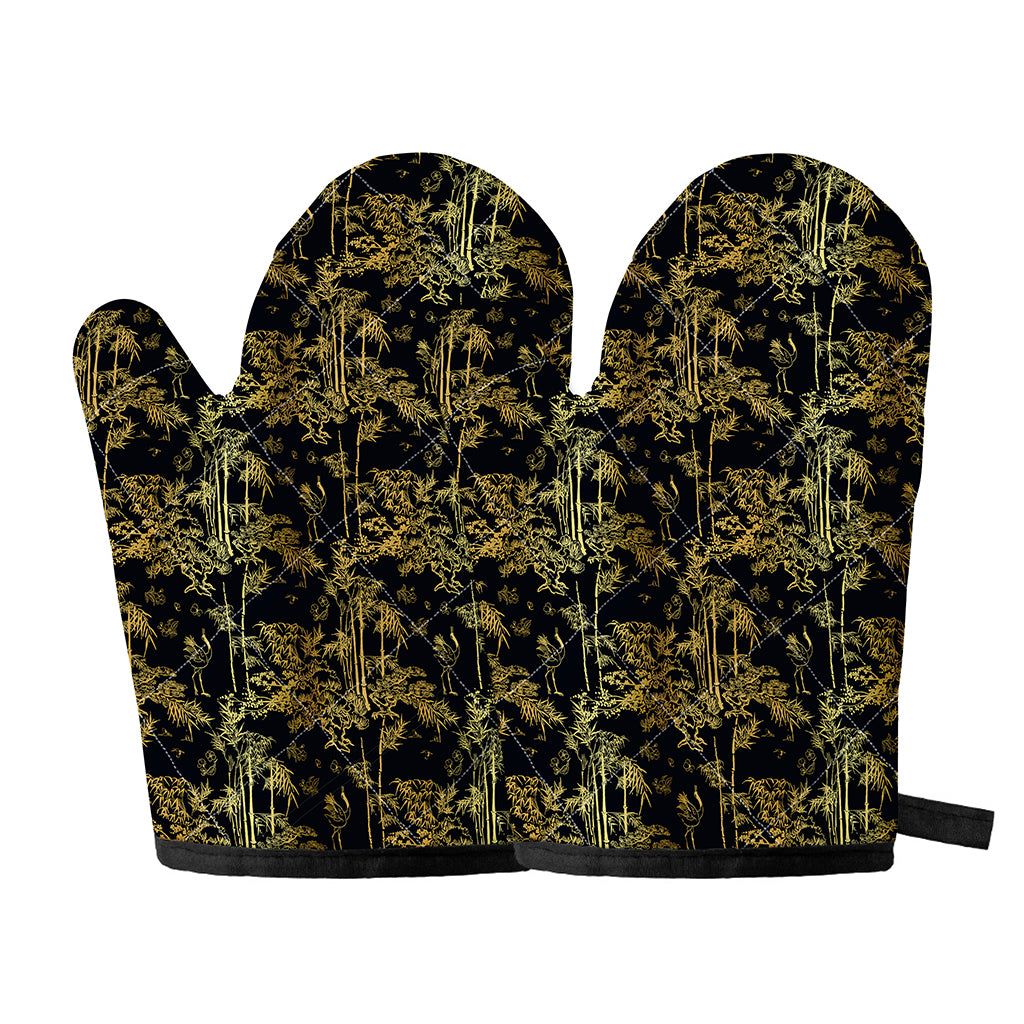 Gold And Black Japanese Bamboo Print Oven Mitts