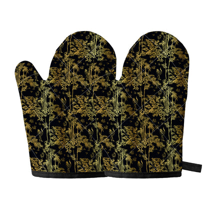 Gold And Black Japanese Bamboo Print Oven Mitts