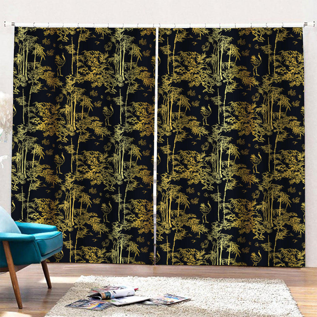 Gold And Black Japanese Bamboo Print Pencil Pleat Curtains