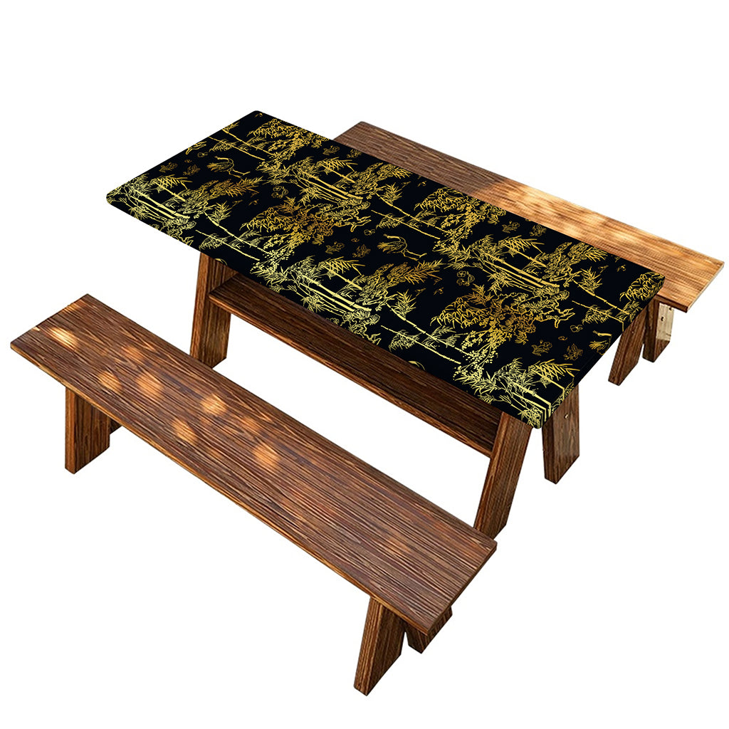 Gold And Black Japanese Bamboo Print Picnic Table Cover