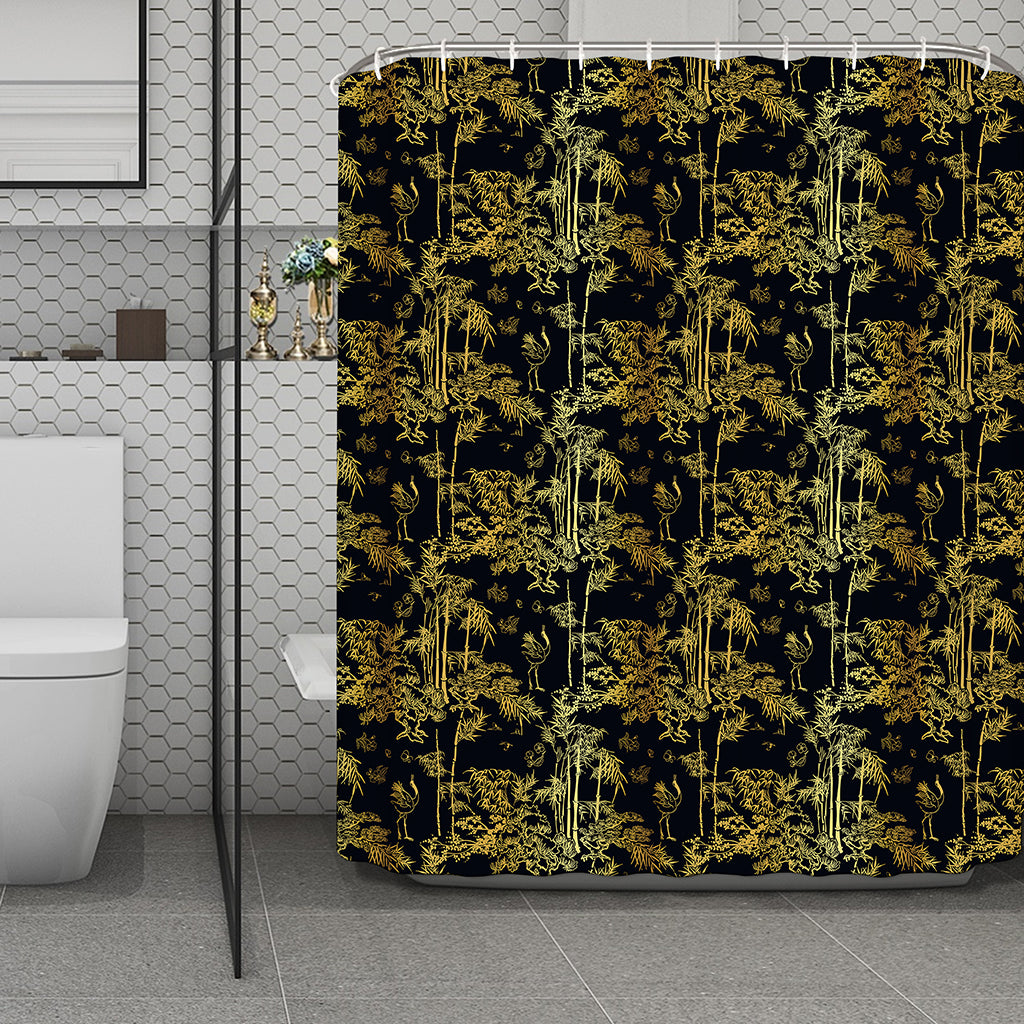 Gold And Black Japanese Bamboo Print Polyester Shower Curtain