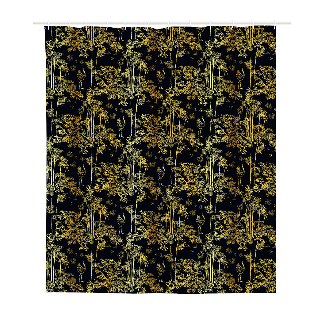 Gold And Black Japanese Bamboo Print Polyester Shower Curtain
