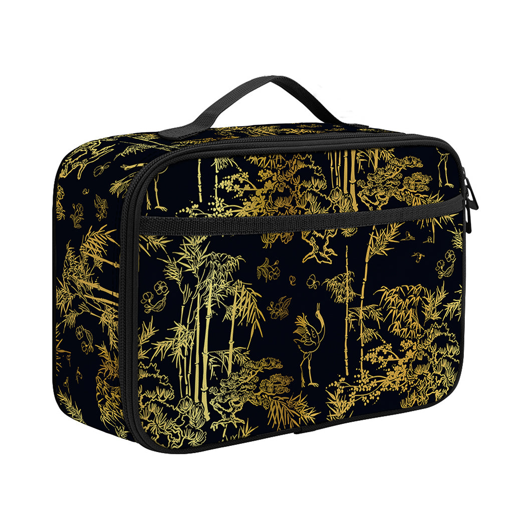 Gold And Black Japanese Bamboo Print Portable Lunch Bag