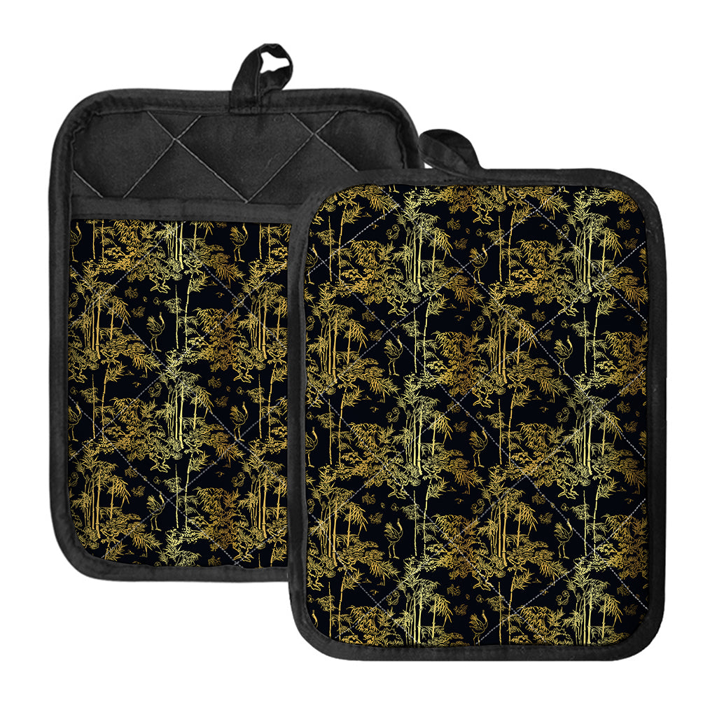 Gold And Black Japanese Bamboo Print Pot Holders With Pocket