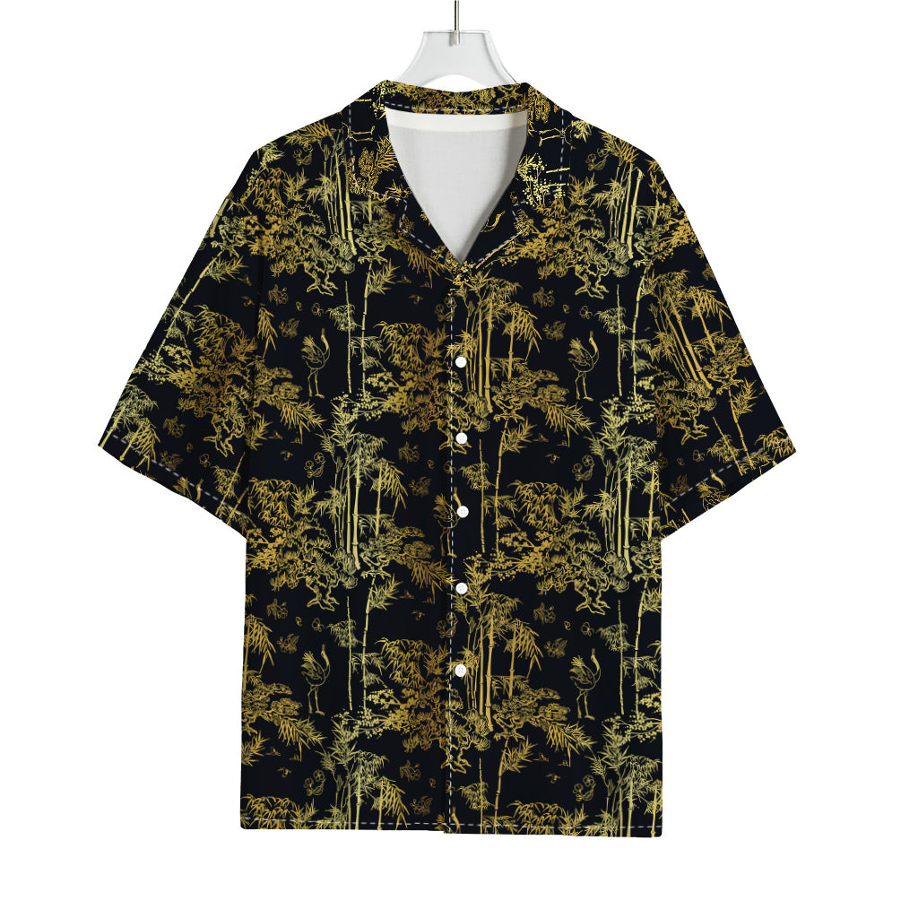 Gold And Black Japanese Bamboo Print Rayon Hawaiian Shirt