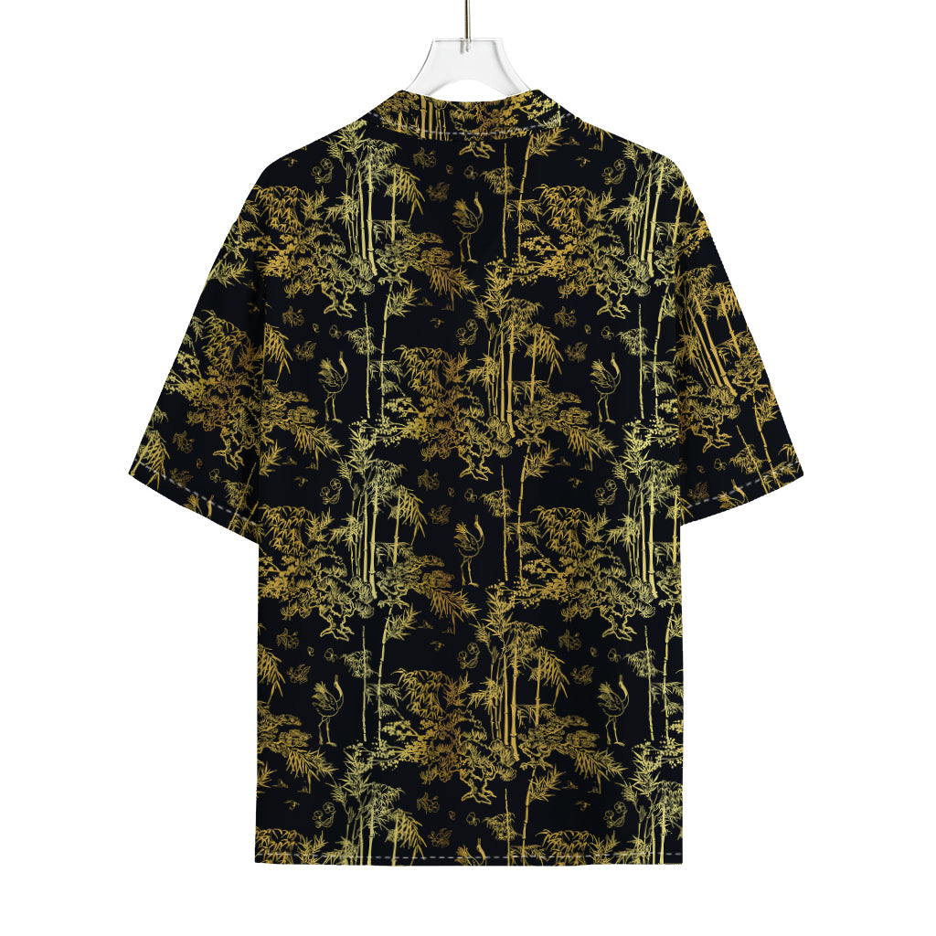 Gold And Black Japanese Bamboo Print Rayon Hawaiian Shirt