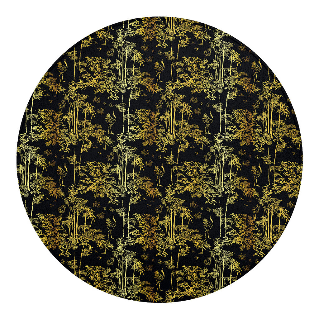 Gold And Black Japanese Bamboo Print Round Blanket