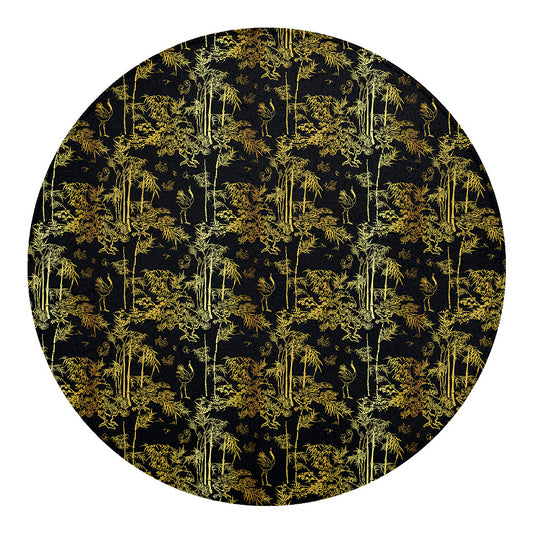 Gold And Black Japanese Bamboo Print Round Blanket