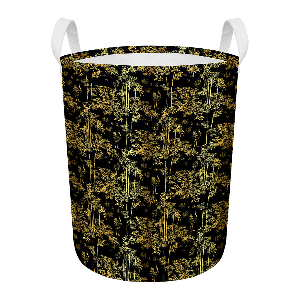 Gold And Black Japanese Bamboo Print Round Laundry Basket
