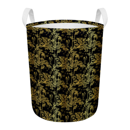 Gold And Black Japanese Bamboo Print Round Laundry Basket