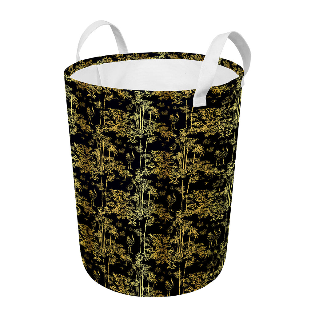 Gold And Black Japanese Bamboo Print Round Laundry Basket