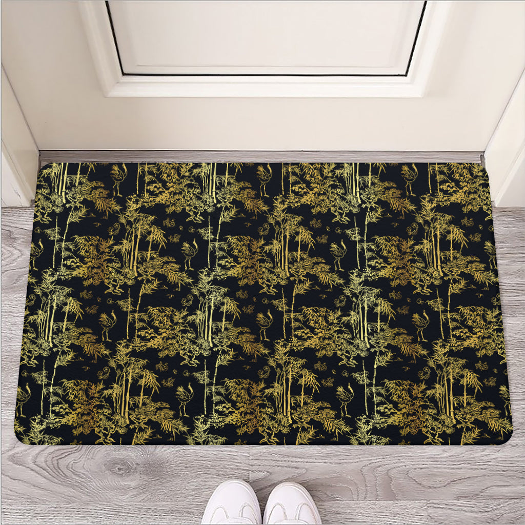 Gold And Black Japanese Bamboo Print Rubber Doormat