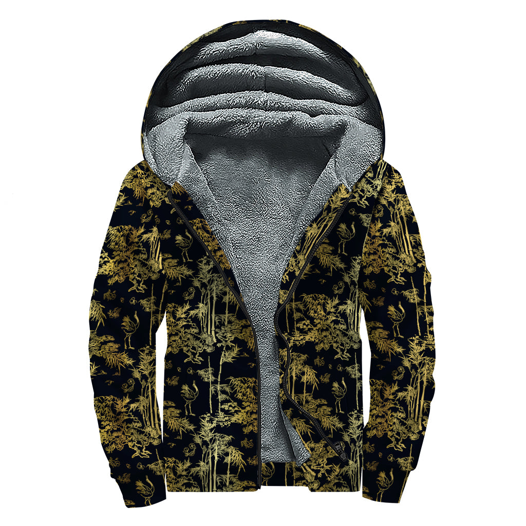 Gold And Black Japanese Bamboo Print Sherpa Lined Zip Up Hoodie