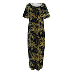 Gold And Black Japanese Bamboo Print Short Sleeve Long Nightdress