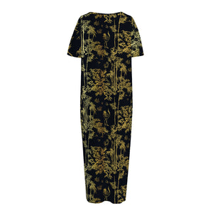 Gold And Black Japanese Bamboo Print Short Sleeve Long Nightdress