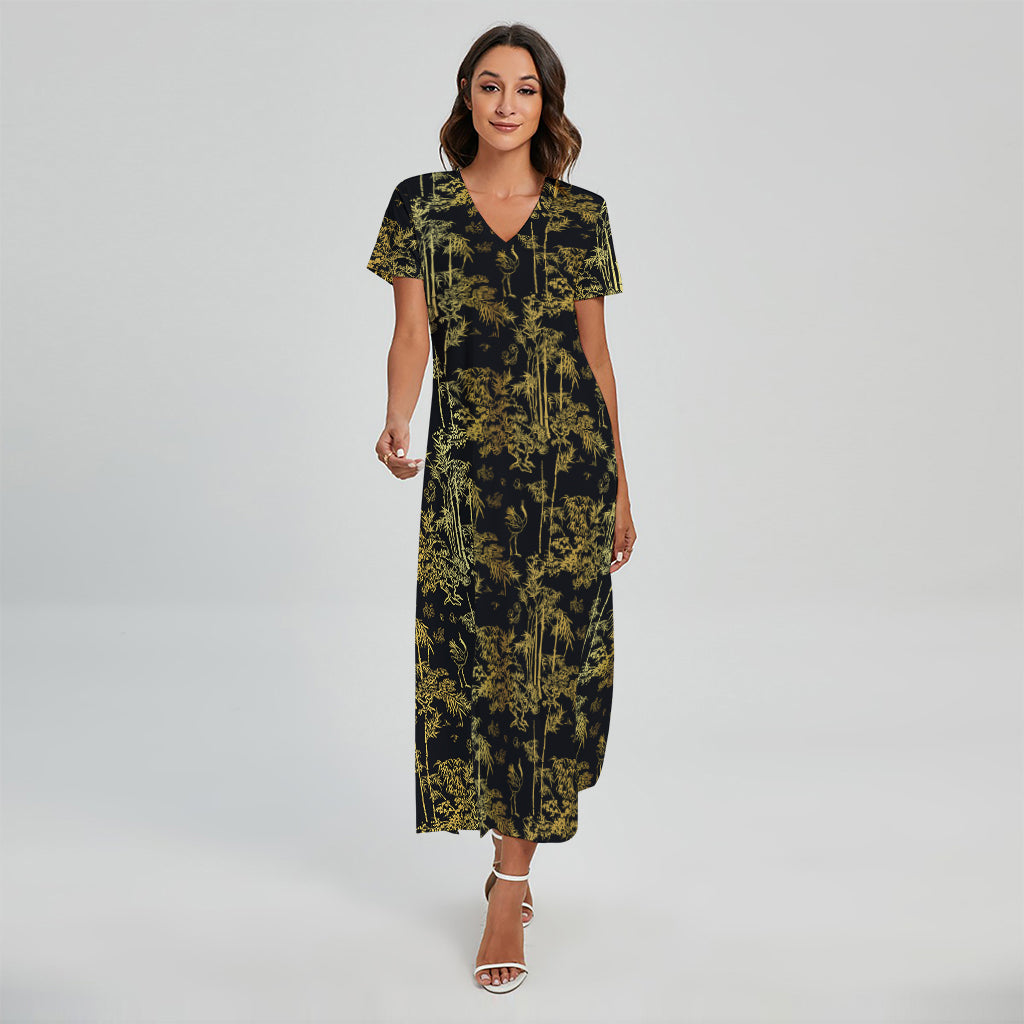 Gold And Black Japanese Bamboo Print Short Sleeve Maxi Dress