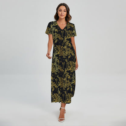 Gold And Black Japanese Bamboo Print Short Sleeve Maxi Dress