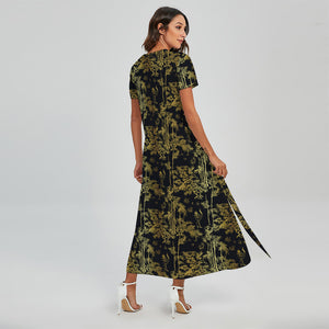 Gold And Black Japanese Bamboo Print Short Sleeve Maxi Dress