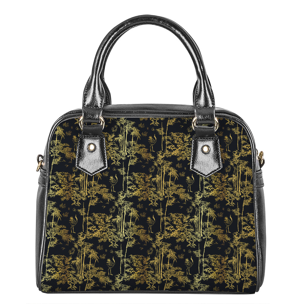 Gold And Black Japanese Bamboo Print Shoulder Handbag