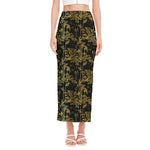 Gold And Black Japanese Bamboo Print Side Slit Maxi Skirt